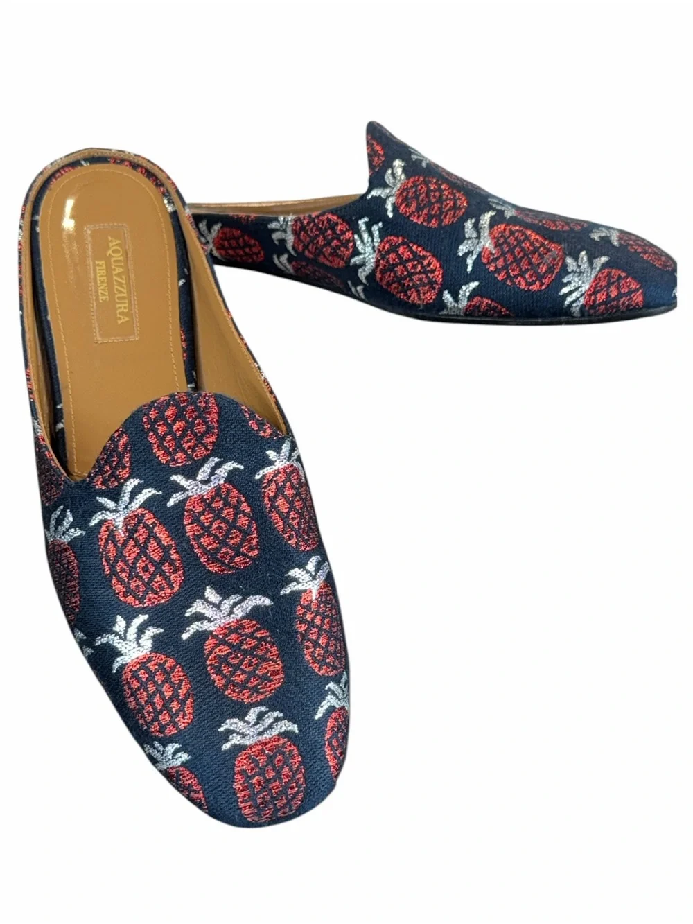 Aquazzura Brando Pineapple Jacquard Blue Red Backless Mule Loafers EU 39 US 9